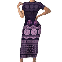 Bula Fiji Iri ni Meke Family Matching Short Sleeve Bodycon Dress and Hawaiian Shirt Lokaloka Fijian Masi LT14 Mom's Dress Purple - Polynesian Pride