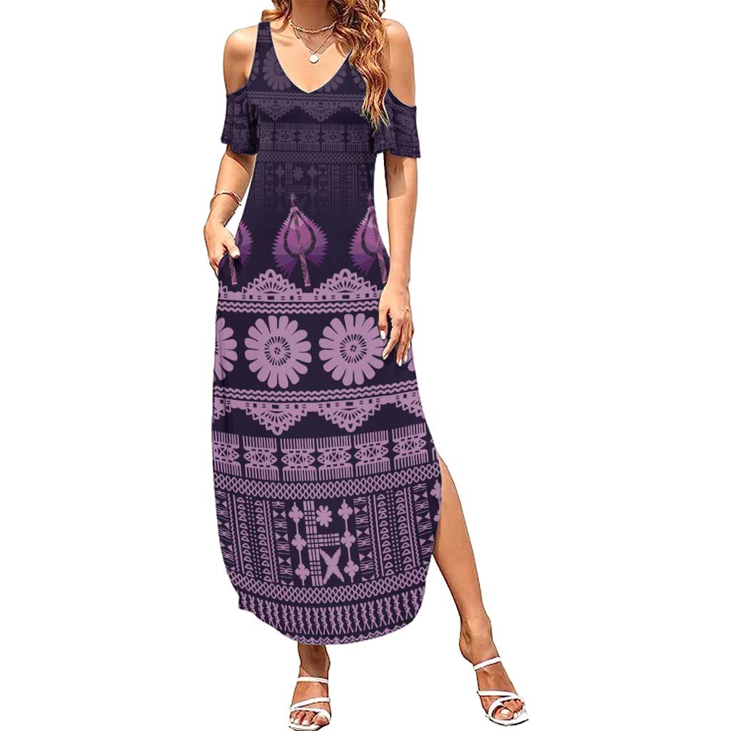 Bula Fiji Iri ni Meke Family Matching Summer Maxi Dress and Hawaiian Shirt Lokaloka Fijian Masi LT14 Mom's Dress Purple - Polynesian Pride