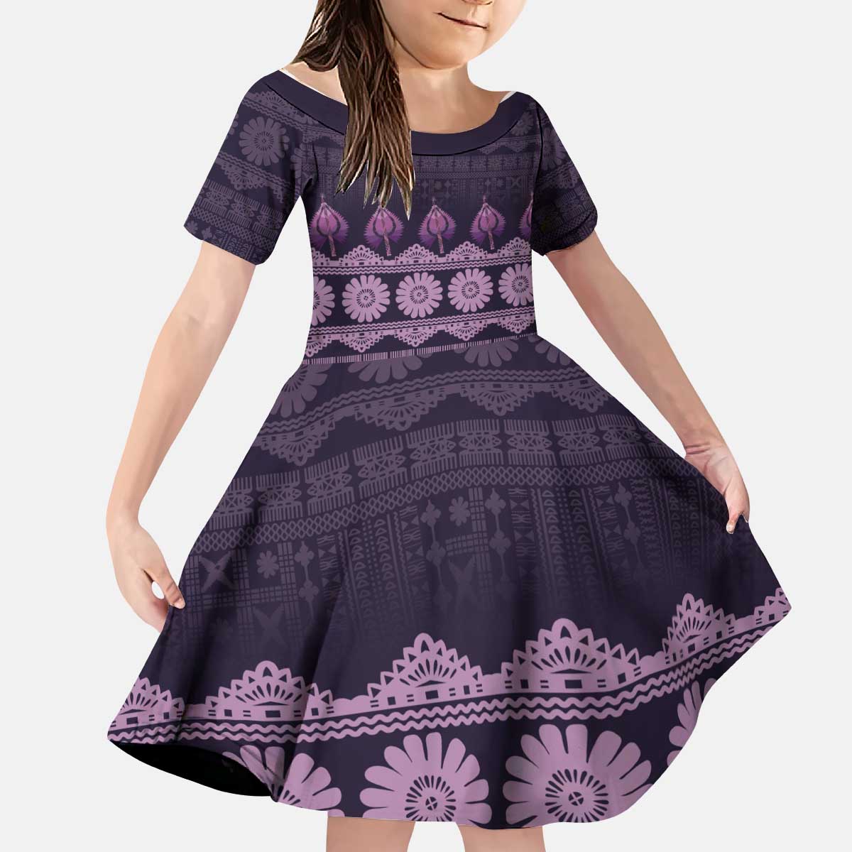 Bula Fiji Iri ni Meke Kid Short Sleeve Dress Lokaloka Fijian Masi LT14 KID Purple - Polynesian Pride