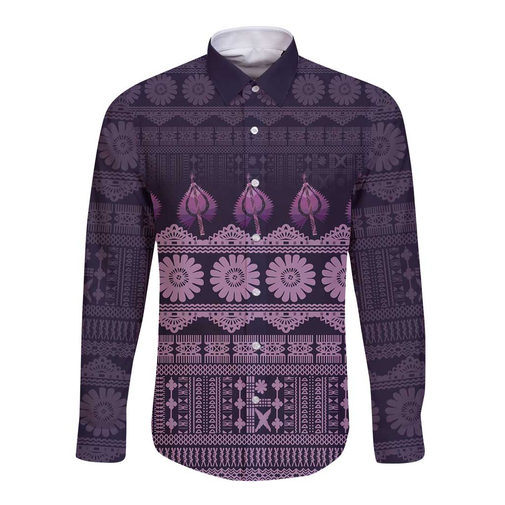 Bula Fiji Iri ni Meke Long Sleeve Button Shirt Lokaloka Fijian Masi LT14 Unisex Purple - Polynesian Pride