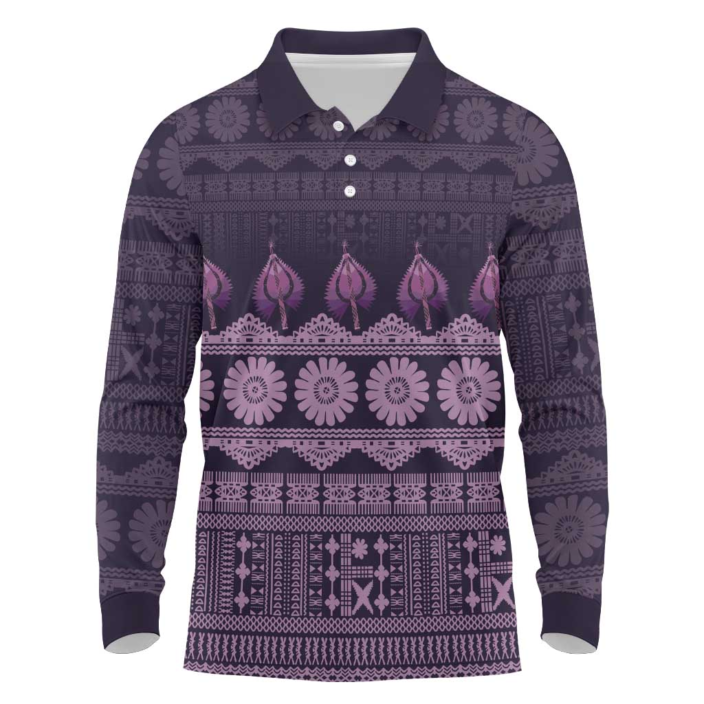 Bula Fiji Iri ni Meke Long Sleeve Polo Shirt Lokaloka Fijian Masi LT14 Purple - Polynesian Pride