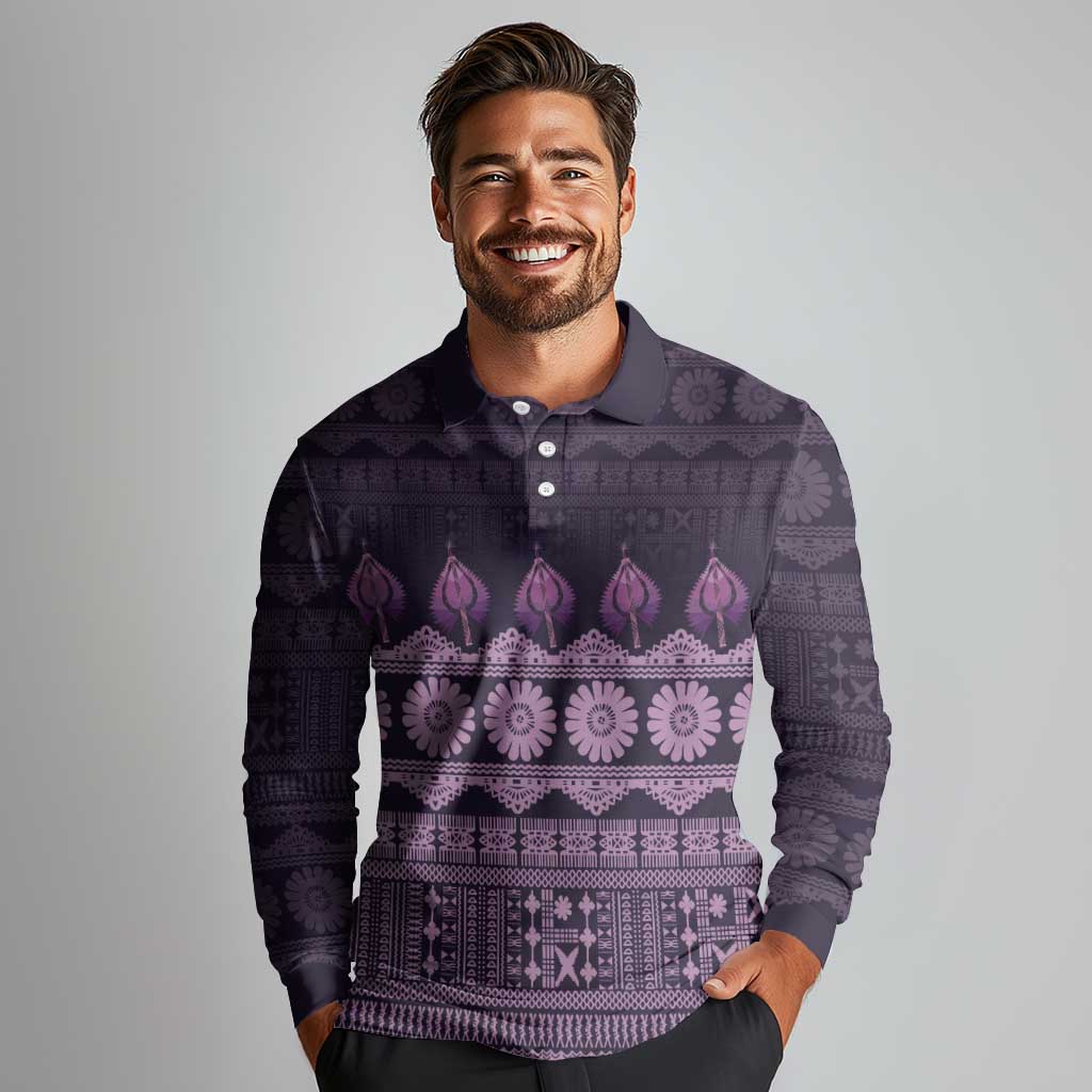 Bula Fiji Iri ni Meke Long Sleeve Polo Shirt Lokaloka Fijian Masi LT14 - Polynesian Pride