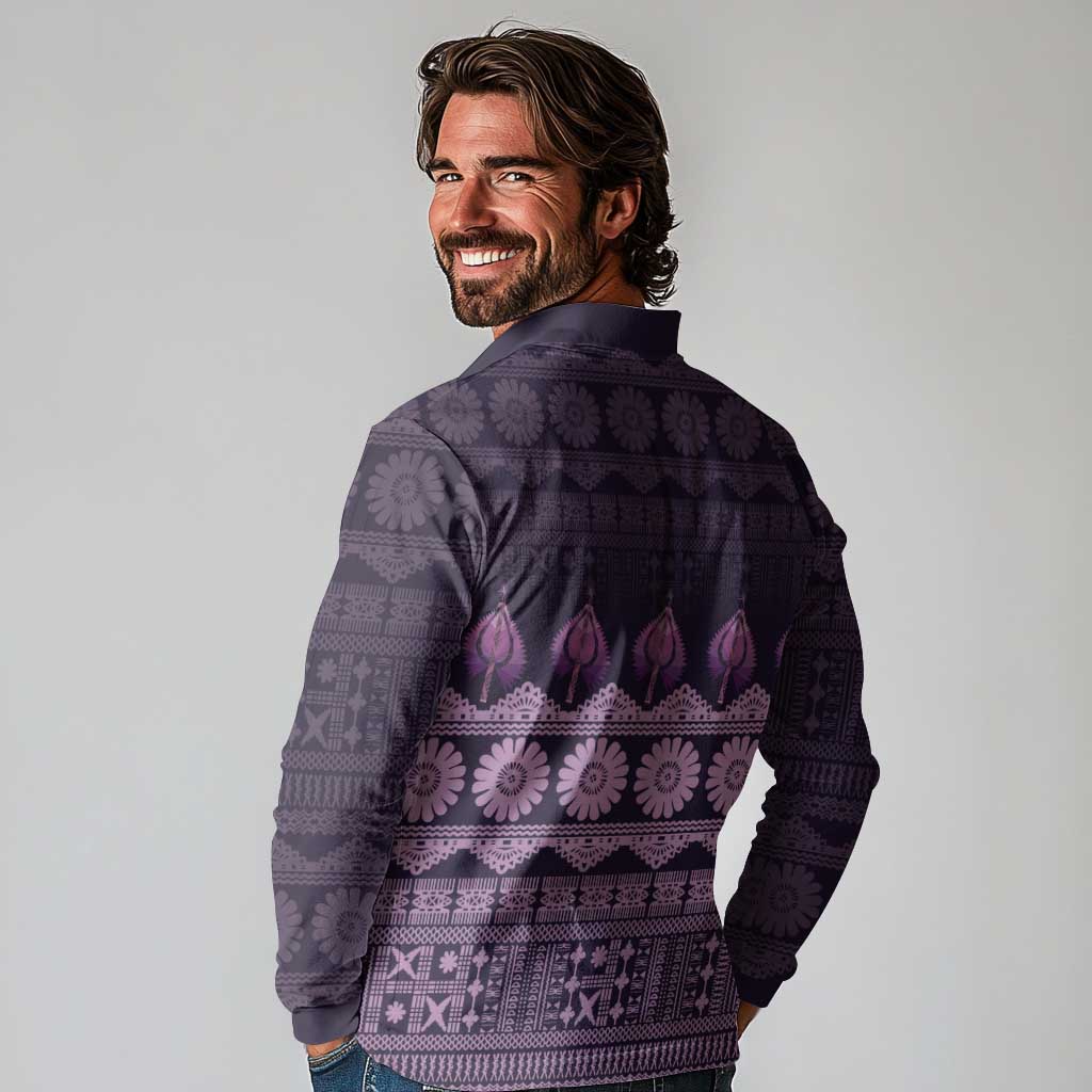 Bula Fiji Iri ni Meke Long Sleeve Polo Shirt Lokaloka Fijian Masi LT14 - Polynesian Pride