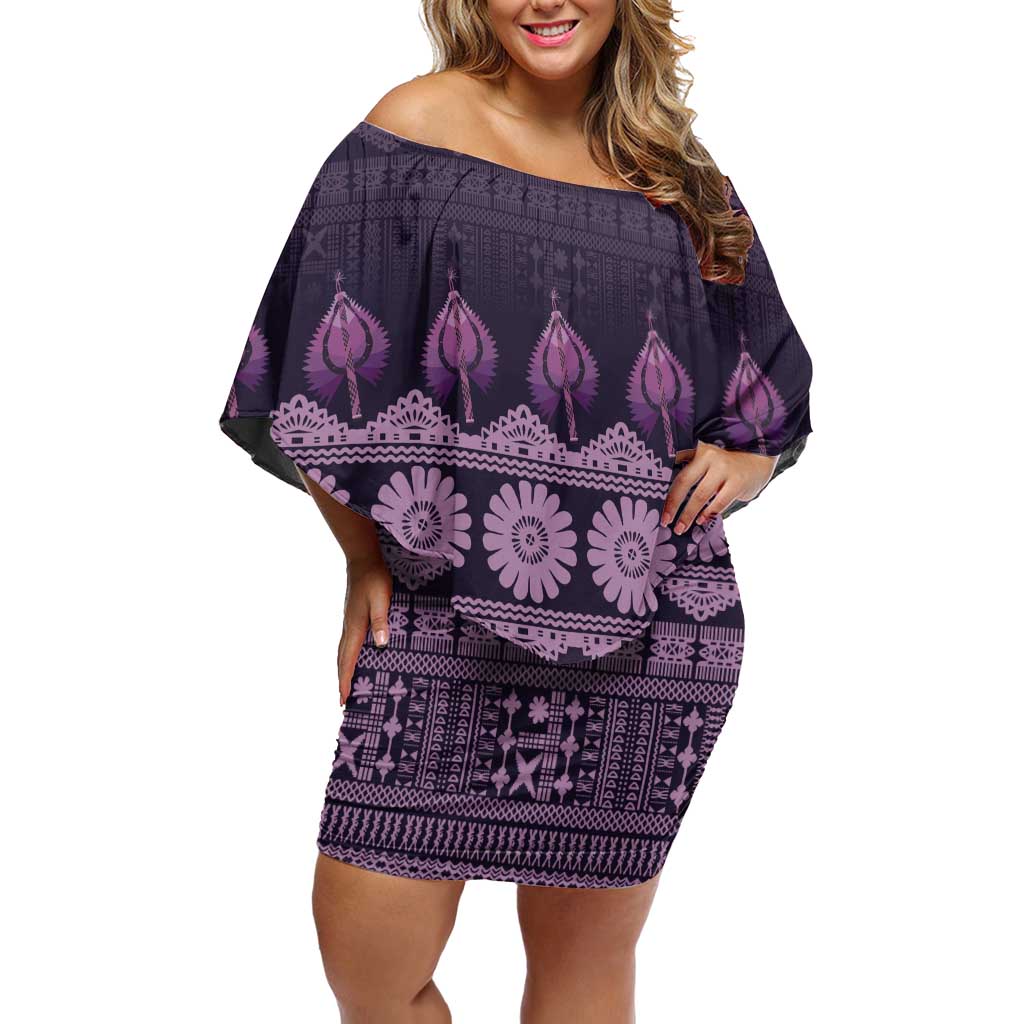 Bula Fiji Iri ni Meke Off Shoulder Short Dress Lokaloka Fijian Masi LT14 Women Purple - Polynesian Pride