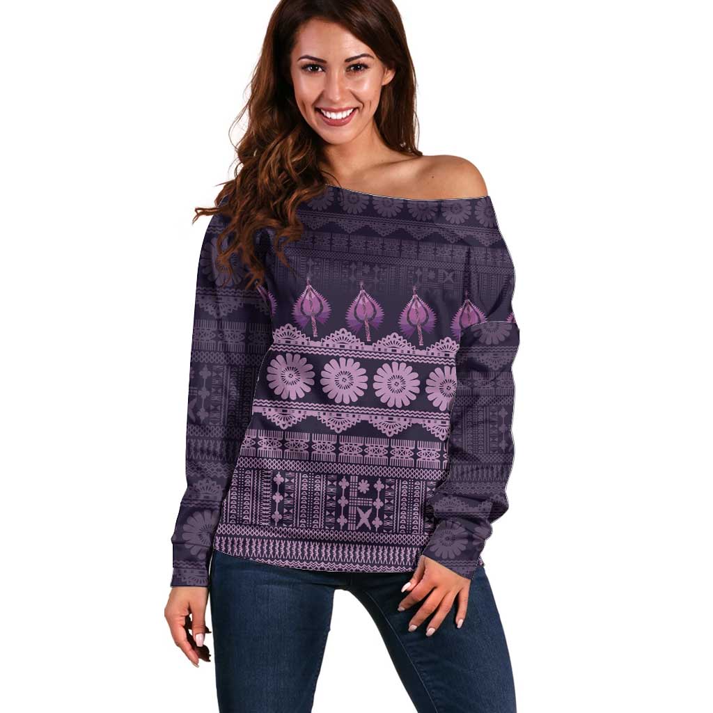 Bula Fiji Iri ni Meke Off Shoulder Sweater Lokaloka Fijian Masi LT14 Women Purple - Polynesian Pride