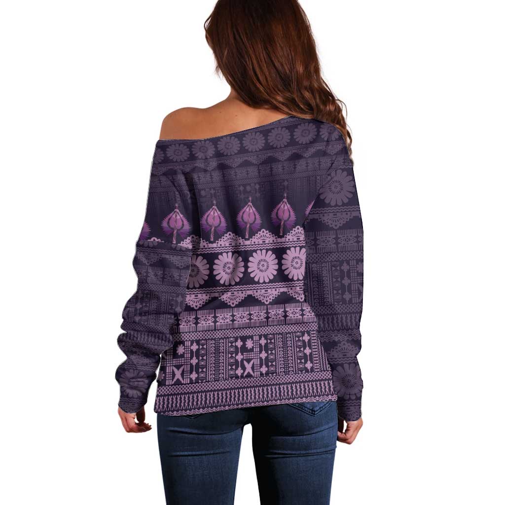 Bula Fiji Iri ni Meke Off Shoulder Sweater Lokaloka Fijian Masi LT14 - Polynesian Pride