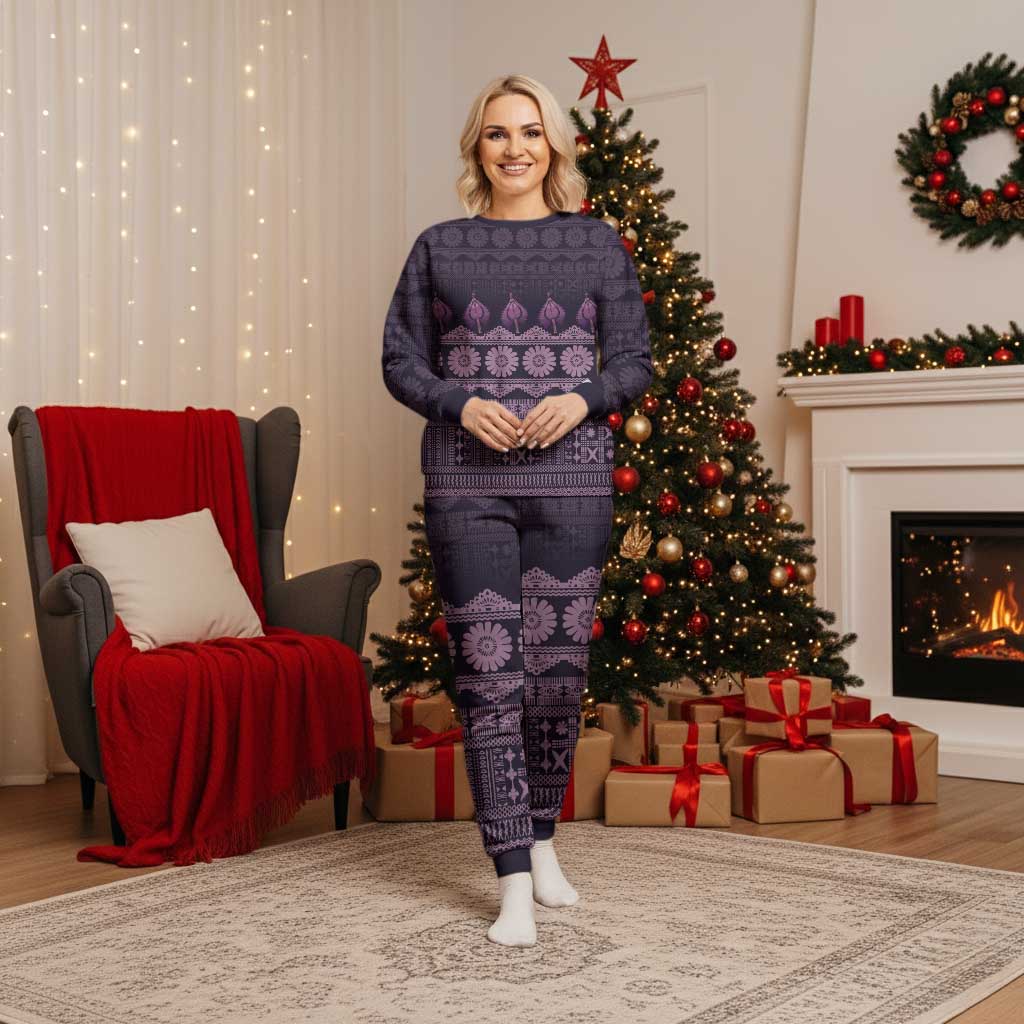 Bula Fiji Iri ni Meke Christmas Pajama Set Lokaloka Fijian Masi LT14 Women Purple - Polynesian Pride