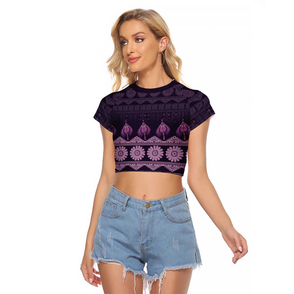 Bula Fiji Iri ni Meke Raglan Cropped T Shirt Lokaloka Fijian Masi LT14 Female Purple - Polynesian Pride