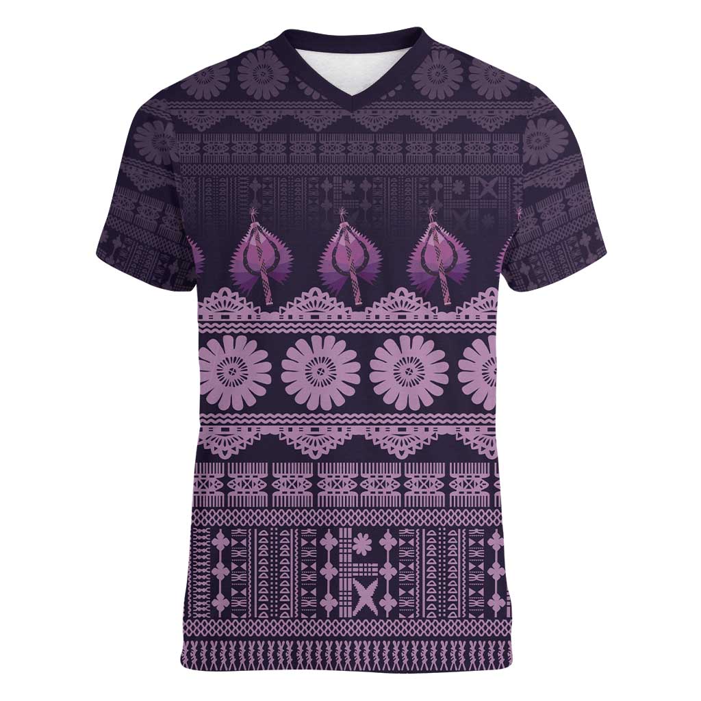 Bula Fiji Iri ni Meke Women V-Neck T-Shirt Lokaloka Fijian Masi LT14 Female Purple - Polynesian Pride