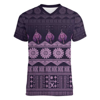 Bula Fiji Iri ni Meke Women V-Neck T-Shirt Lokaloka Fijian Masi LT14 Female Purple - Polynesian Pride