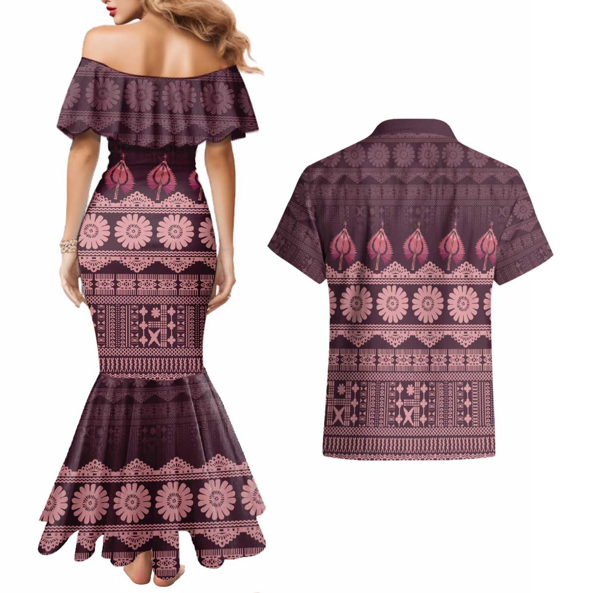 Bula Fiji Iri ni Meke Couples Matching Mermaid Dress and Hawaiian Shirt Piqi Fijian Masi LT14 - Polynesian Pride