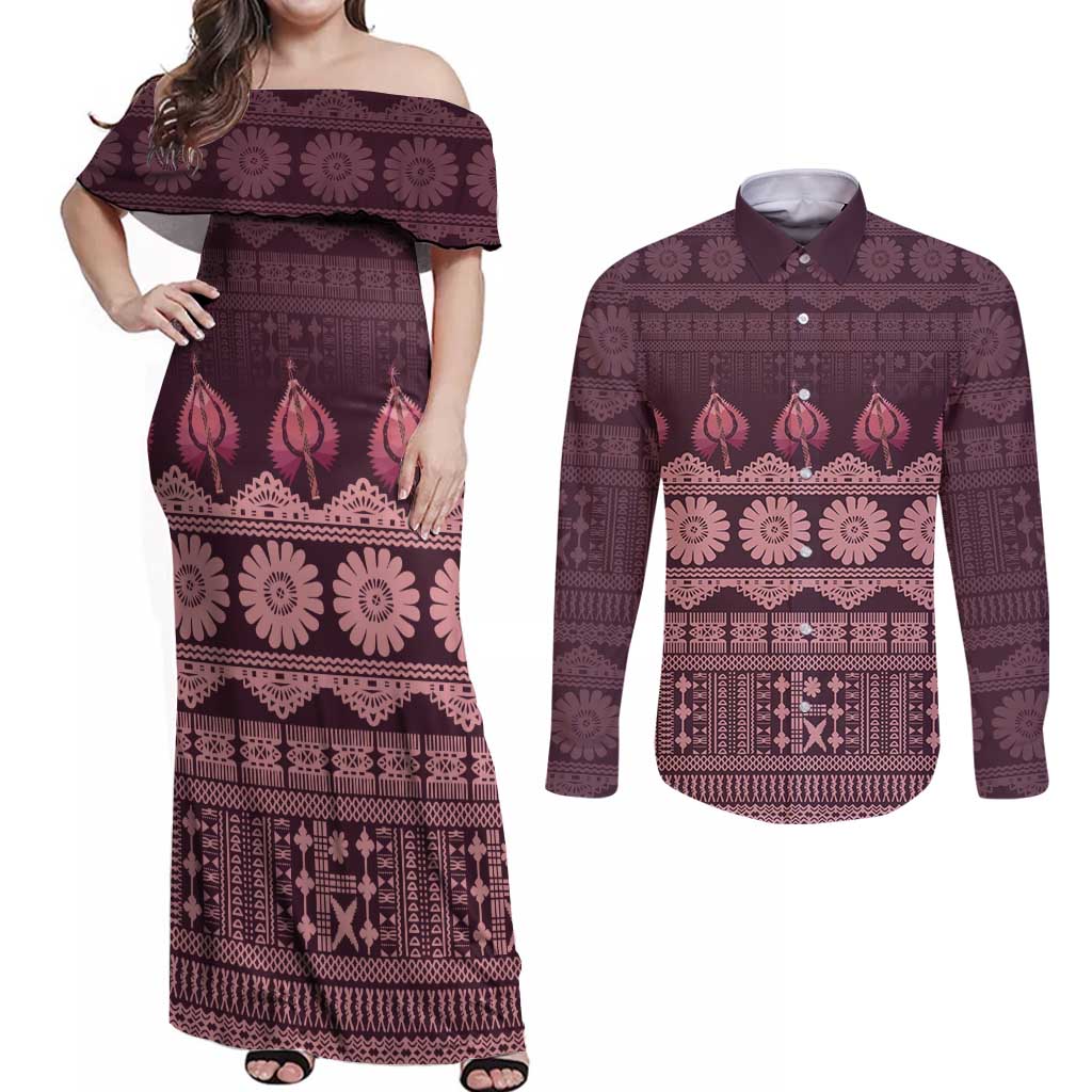 Bula Fiji Iri ni Meke Couples Matching Off Shoulder Maxi Dress and Long Sleeve Button Shirt Piqi Fijian Masi LT14 Pink - Polynesian Pride