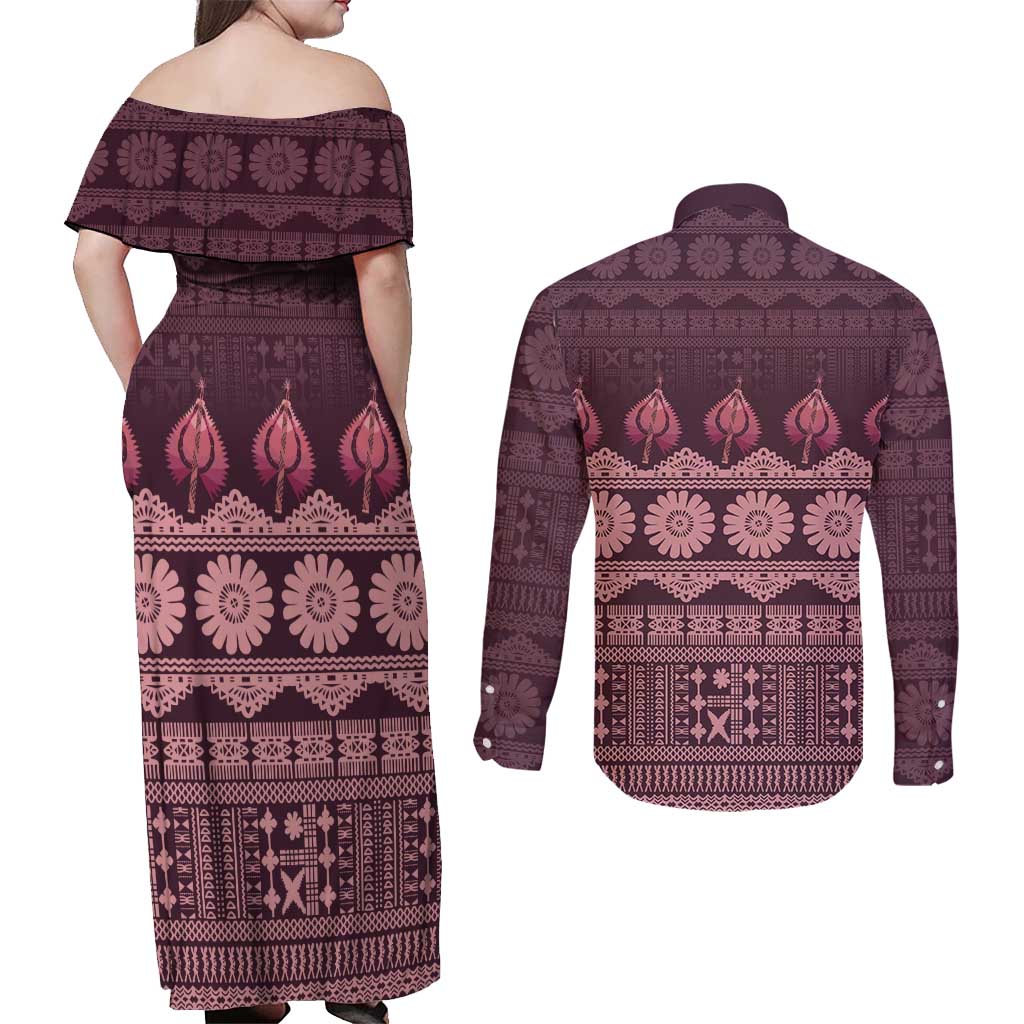 Bula Fiji Iri ni Meke Couples Matching Off Shoulder Maxi Dress and Long Sleeve Button Shirt Piqi Fijian Masi LT14 - Polynesian Pride