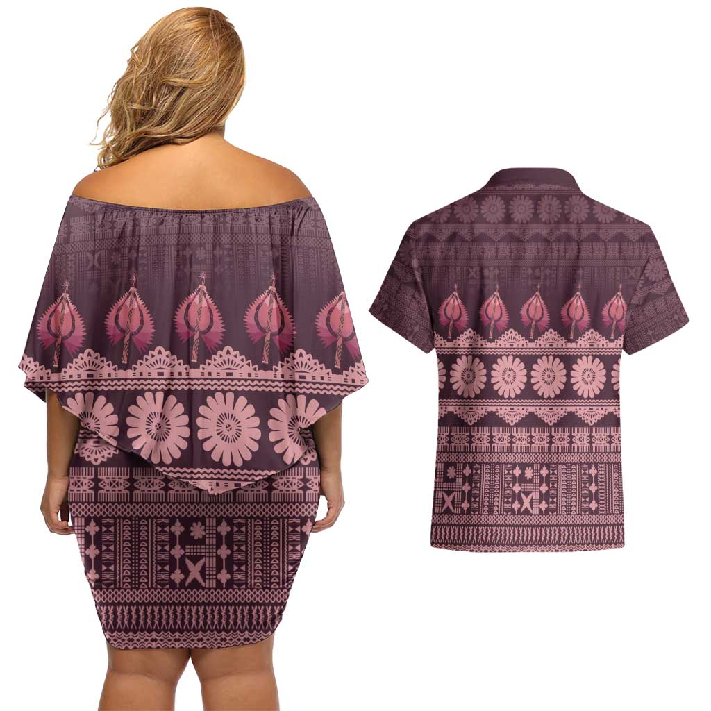 Bula Fiji Iri ni Meke Couples Matching Off Shoulder Short Dress and Hawaiian Shirt Piqi Fijian Masi LT14 - Polynesian Pride