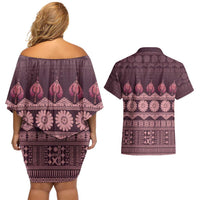 Bula Fiji Iri ni Meke Couples Matching Off Shoulder Short Dress and Hawaiian Shirt Piqi Fijian Masi LT14 - Polynesian Pride