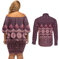 Bula Fiji Iri ni Meke Couples Matching Off Shoulder Short Dress and Long Sleeve Button Shirt Piqi Fijian Masi LT14 - Polynesian Pride