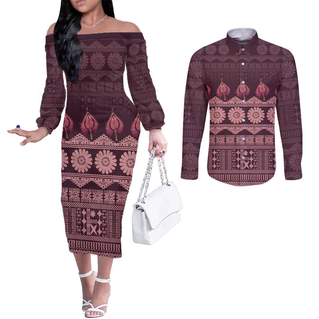 Bula Fiji Iri ni Meke Couples Matching Off The Shoulder Long Sleeve Dress and Long Sleeve Button Shirt Piqi Fijian Masi LT14 Pink - Polynesian Pride