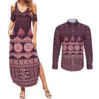 Bula Fiji Iri ni Meke Couples Matching Summer Maxi Dress and Long Sleeve Button Shirt Piqi Fijian Masi LT14 Pink - Polynesian Pride