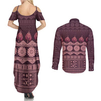 Bula Fiji Iri ni Meke Couples Matching Summer Maxi Dress and Long Sleeve Button Shirt Piqi Fijian Masi LT14 - Polynesian Pride