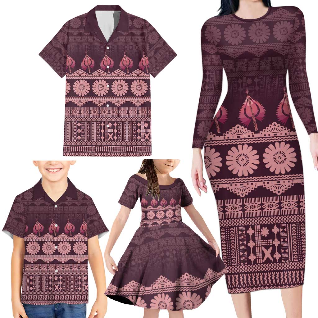 Bula Fiji Iri ni Meke Family Matching Long Sleeve Bodycon Dress and Hawaiian Shirt Piqi Fijian Masi - Polynesian Pride