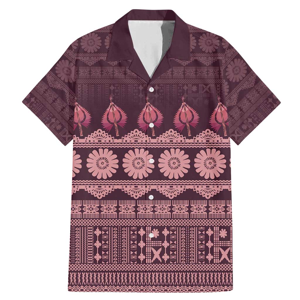 Bula Fiji Iri ni Meke Family Matching Mermaid Dress and Hawaiian Shirt Piqi Fijian Masi LT14 Dad's Shirt - Short Sleeve Pink - Polynesian Pride