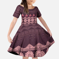 Bula Fiji Iri ni Meke Family Matching Off The Shoulder Long Sleeve Dress and Hawaiian Shirt Piqi Fijian Masi LT14 Daughter's Dress Pink - Polynesian Pride