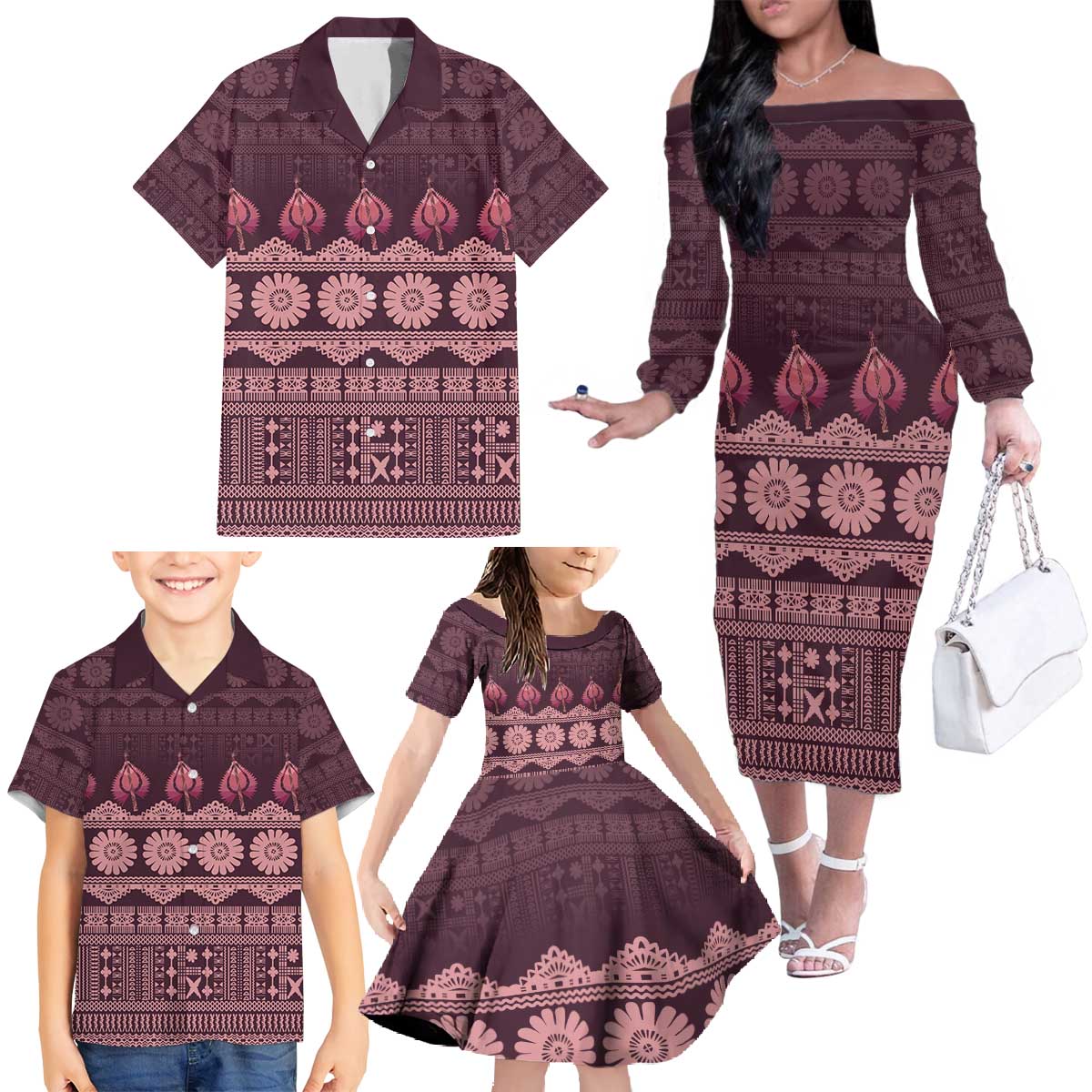 Bula Fiji Iri ni Meke Family Matching Off The Shoulder Long Sleeve Dress and Hawaiian Shirt Piqi Fijian Masi - Polynesian Pride