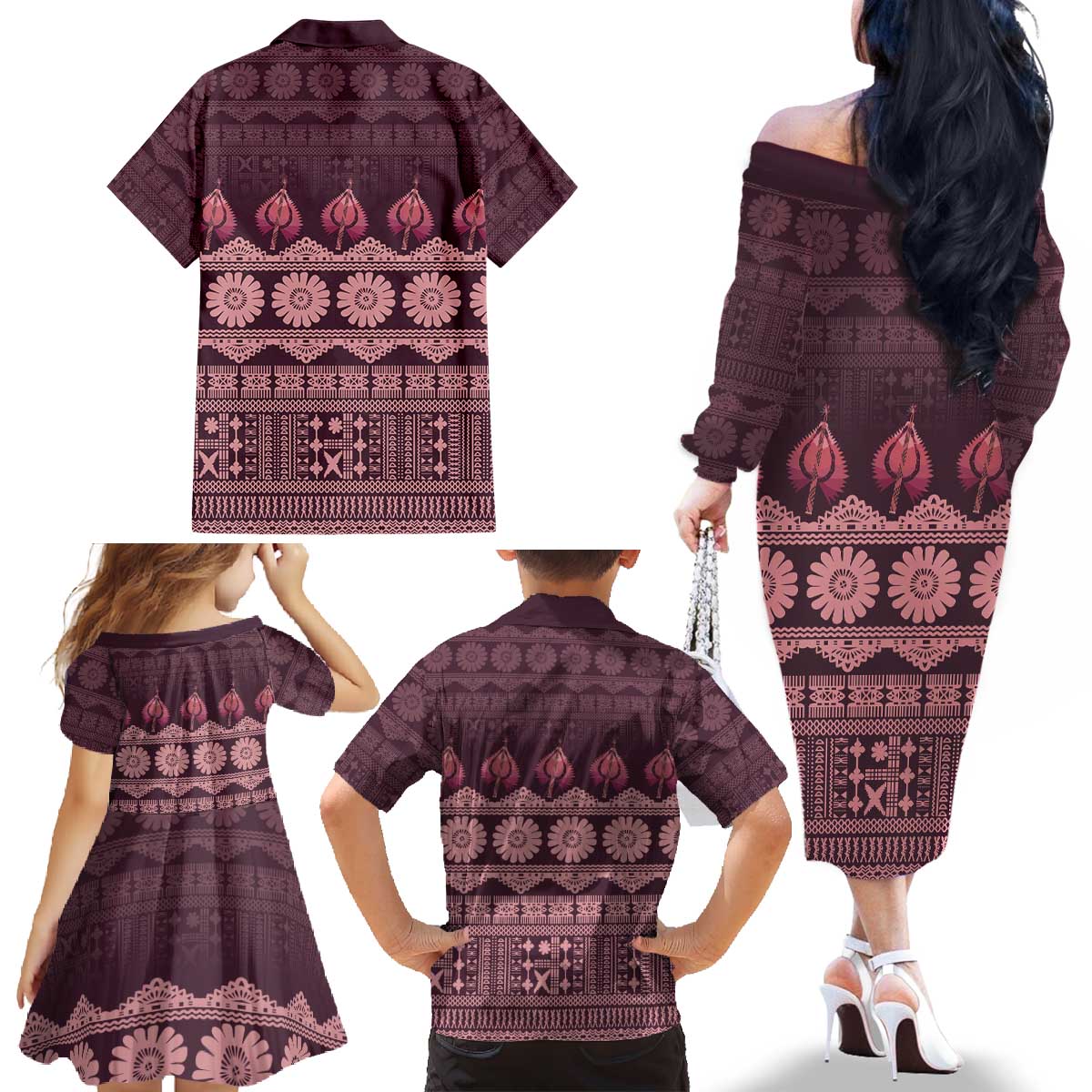 Bula Fiji Iri ni Meke Family Matching Off The Shoulder Long Sleeve Dress and Hawaiian Shirt Piqi Fijian Masi LT14 - Polynesian Pride
