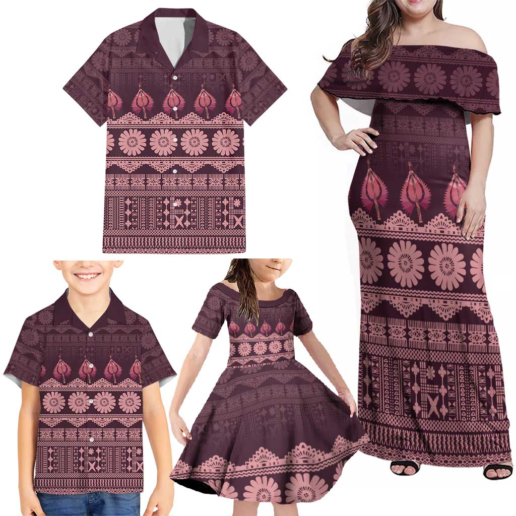 Bula Fiji Iri ni Meke Family Matching Off Shoulder Maxi Dress and Hawaiian Shirt Piqi Fijian Masi - Polynesian Pride