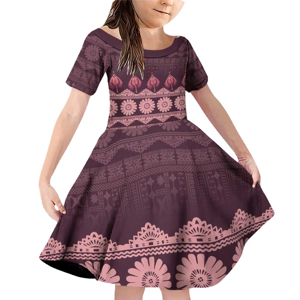 Bula Fiji Iri ni Meke Family Matching Off Shoulder Short Dress and Hawaiian Shirt Piqi Fijian Masi LT14 Daughter's Dress Pink - Polynesian Pride