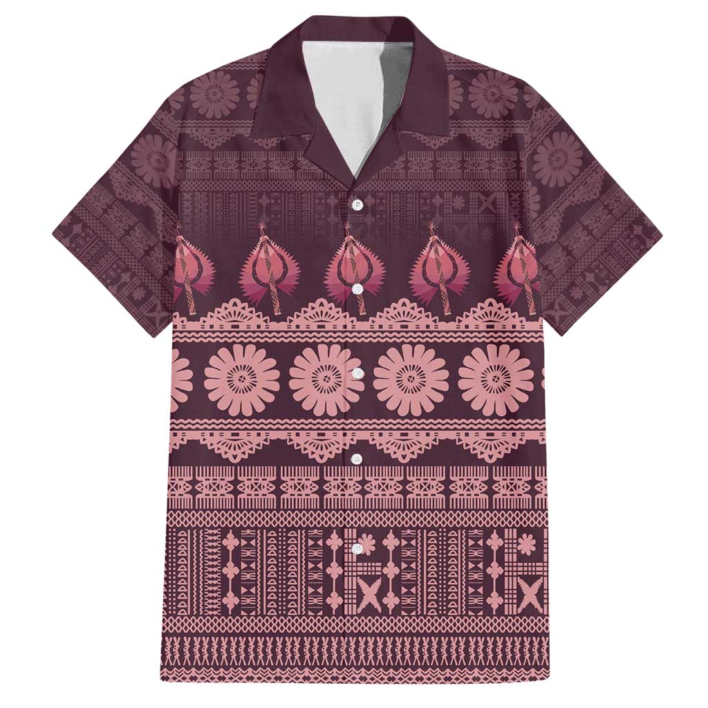 Bula Fiji Iri ni Meke Family Matching Puletasi and Hawaiian Shirt Piqi Fijian Masi LT14 Dad's Shirt - Short Sleeve Pink - Polynesian Pride