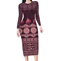 Bula Fiji Iri ni Meke Long Sleeve Bodycon Dress Piqi Fijian Masi LT14 Long Dress Pink - Polynesian Pride