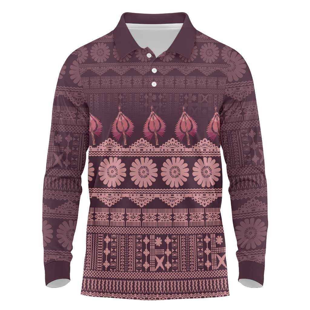 Bula Fiji Iri ni Meke Long Sleeve Polo Shirt Piqi Fijian Masi LT14 Pink - Polynesian Pride