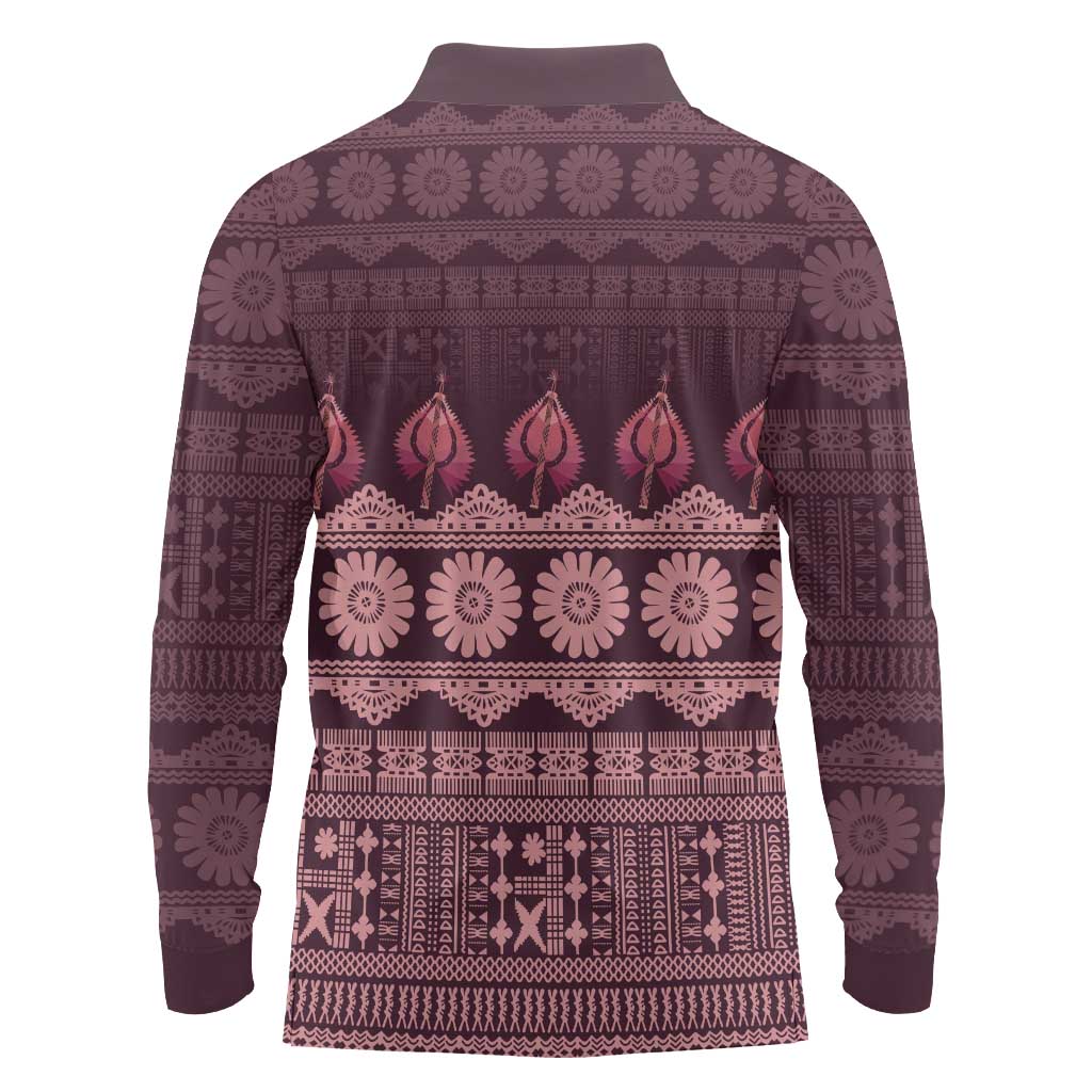 Bula Fiji Iri ni Meke Long Sleeve Polo Shirt Piqi Fijian Masi LT14 - Polynesian Pride