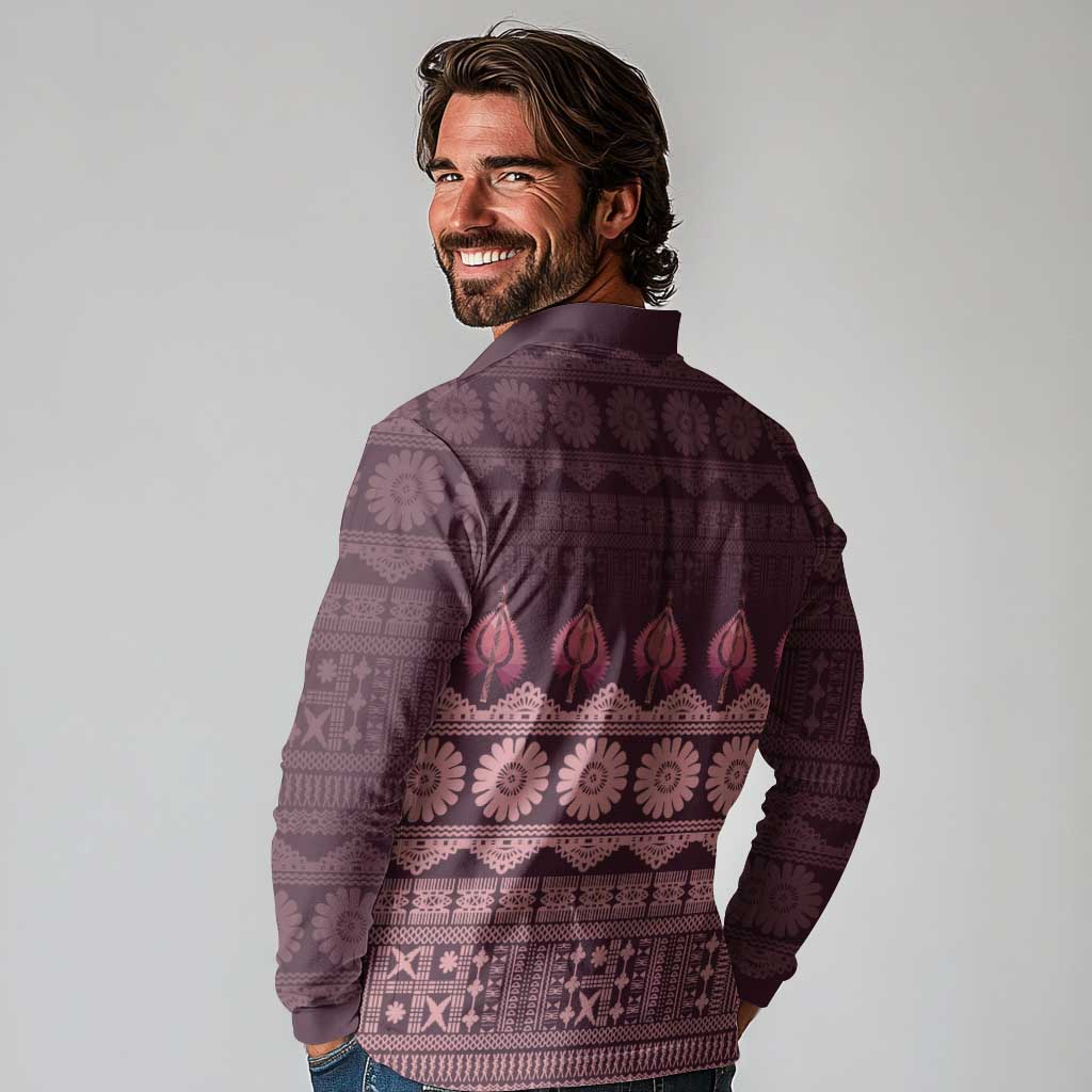 Bula Fiji Iri ni Meke Long Sleeve Polo Shirt Piqi Fijian Masi LT14 - Polynesian Pride