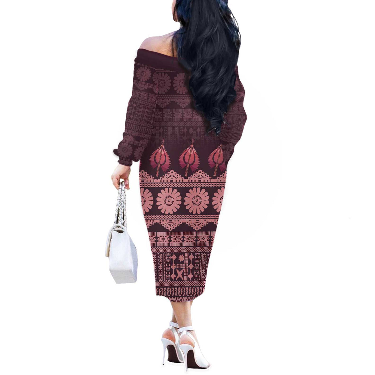 Bula Fiji Iri ni Meke Off The Shoulder Long Sleeve Dress Piqi Fijian Masi LT14 - Polynesian Pride