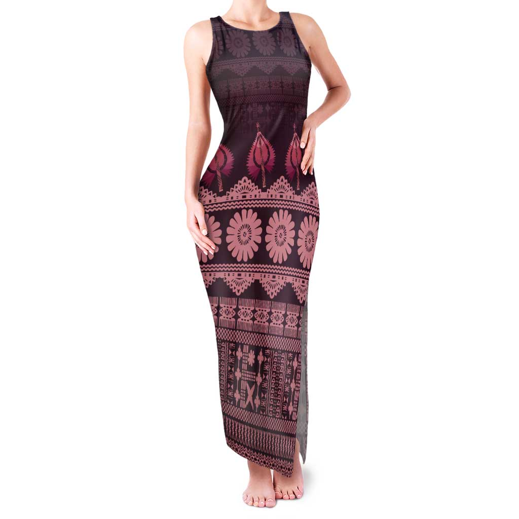 Bula Fiji Iri ni Meke Tank Maxi Dress Piqi Fijian Masi LT14 Women Pink - Polynesian Pride