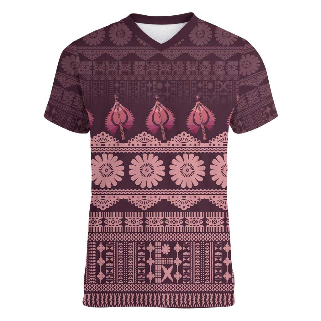 Bula Fiji Iri ni Meke Women V-Neck T-Shirt Piqi Fijian Masi LT14 Female Pink - Polynesian Pride