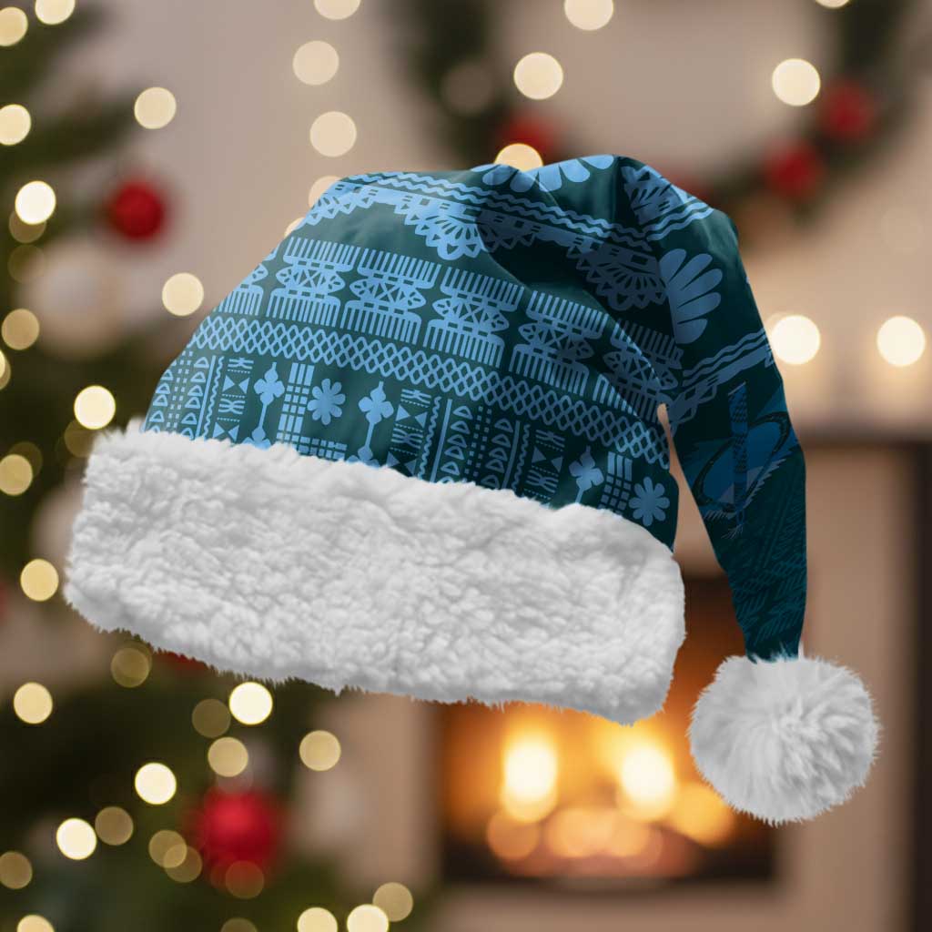 Bula Fiji Iri ni Meke Christmas Santa Hat Karakarawa Fijian Masi LT14 With Fur Blue - Polynesian Pride