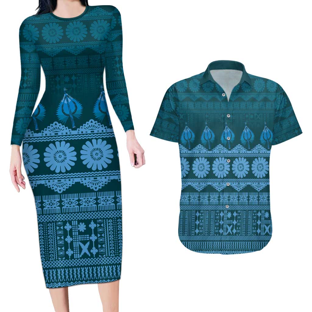 Bula Fiji Iri ni Meke Couples Matching Long Sleeve Bodycon Dress and Hawaiian Shirt Karakarawa Fijian Masi - Polynesian Pride