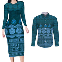 Bula Fiji Iri ni Meke Couples Matching Long Sleeve Bodycon Dress and Long Sleeve Button Shirt Karakarawa Fijian Masi LT14 Blue - Polynesian Pride