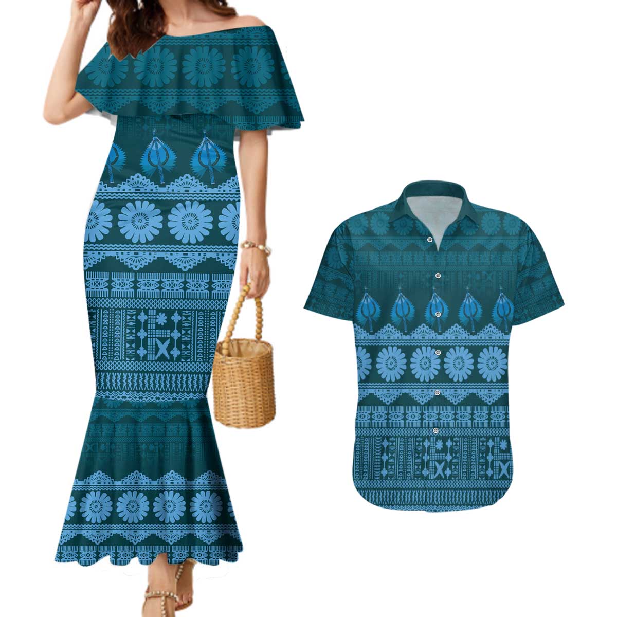 Bula Fiji Iri ni Meke Couples Matching Mermaid Dress and Hawaiian Shirt Karakarawa Fijian Masi LT14 Blue - Polynesian Pride