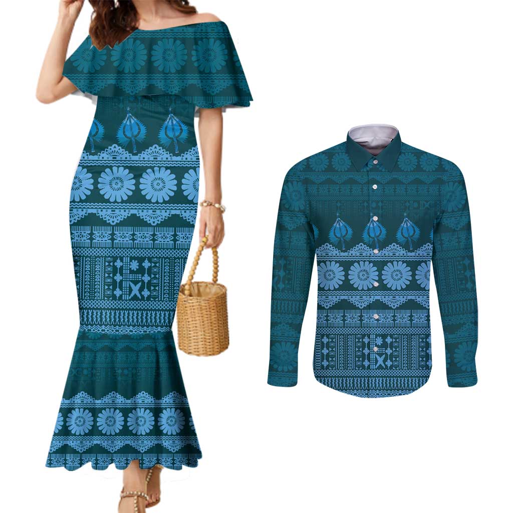 Bula Fiji Iri ni Meke Couples Matching Mermaid Dress and Long Sleeve Button Shirt Karakarawa Fijian Masi - Polynesian Pride