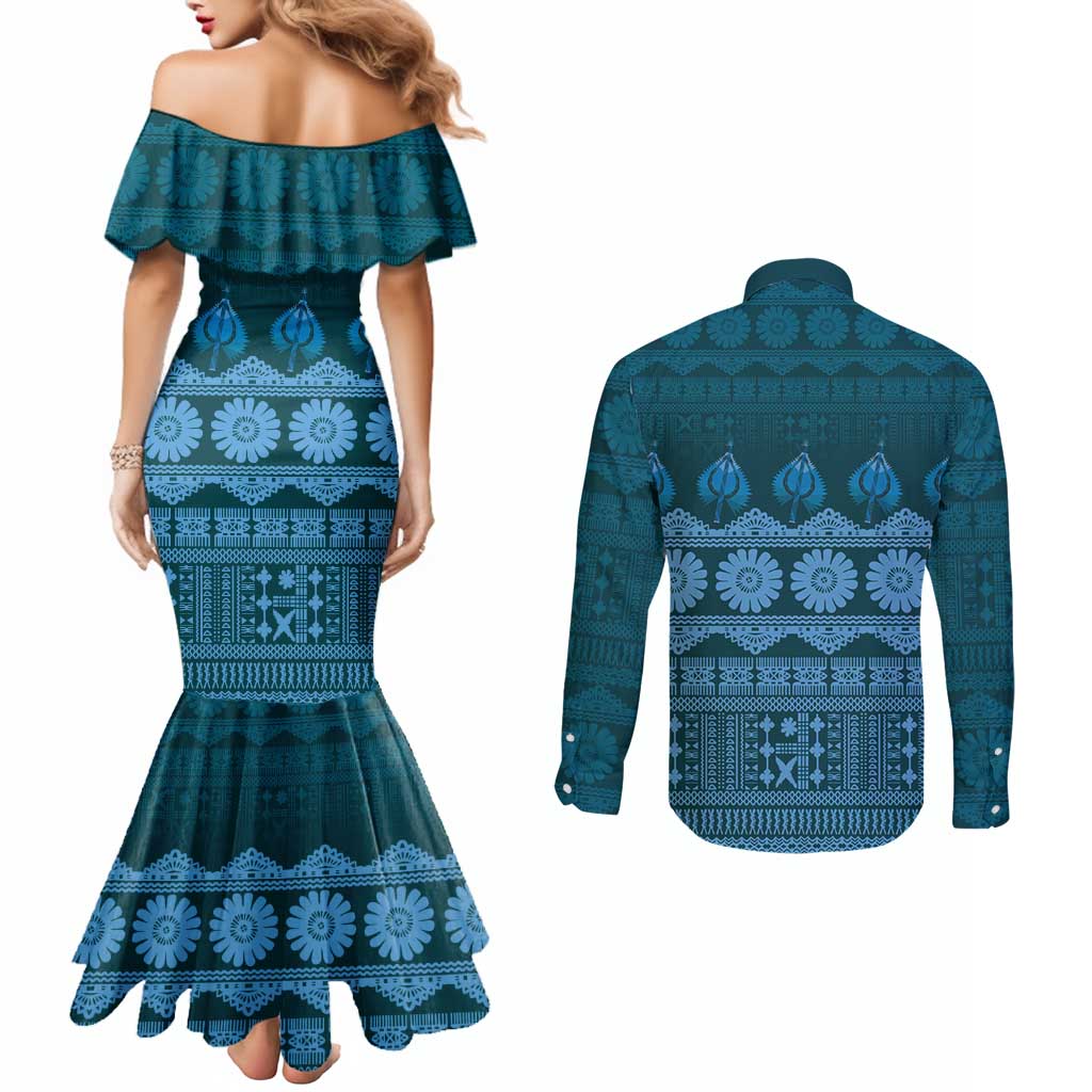 Bula Fiji Iri ni Meke Couples Matching Mermaid Dress and Long Sleeve Button Shirt Karakarawa Fijian Masi LT14 - Polynesian Pride