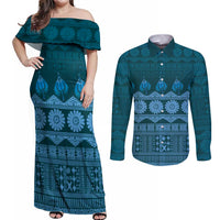 Bula Fiji Iri ni Meke Couples Matching Off Shoulder Maxi Dress and Long Sleeve Button Shirt Karakarawa Fijian Masi LT14 Blue - Polynesian Pride