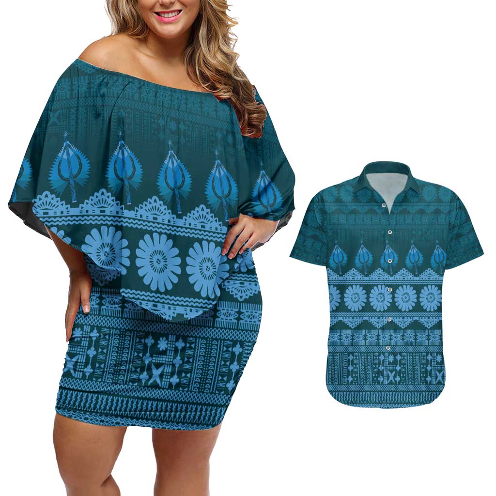 Bula Fiji Iri ni Meke Couples Matching Off Shoulder Short Dress and Hawaiian Shirt Karakarawa Fijian Masi LT14 Blue - Polynesian Pride