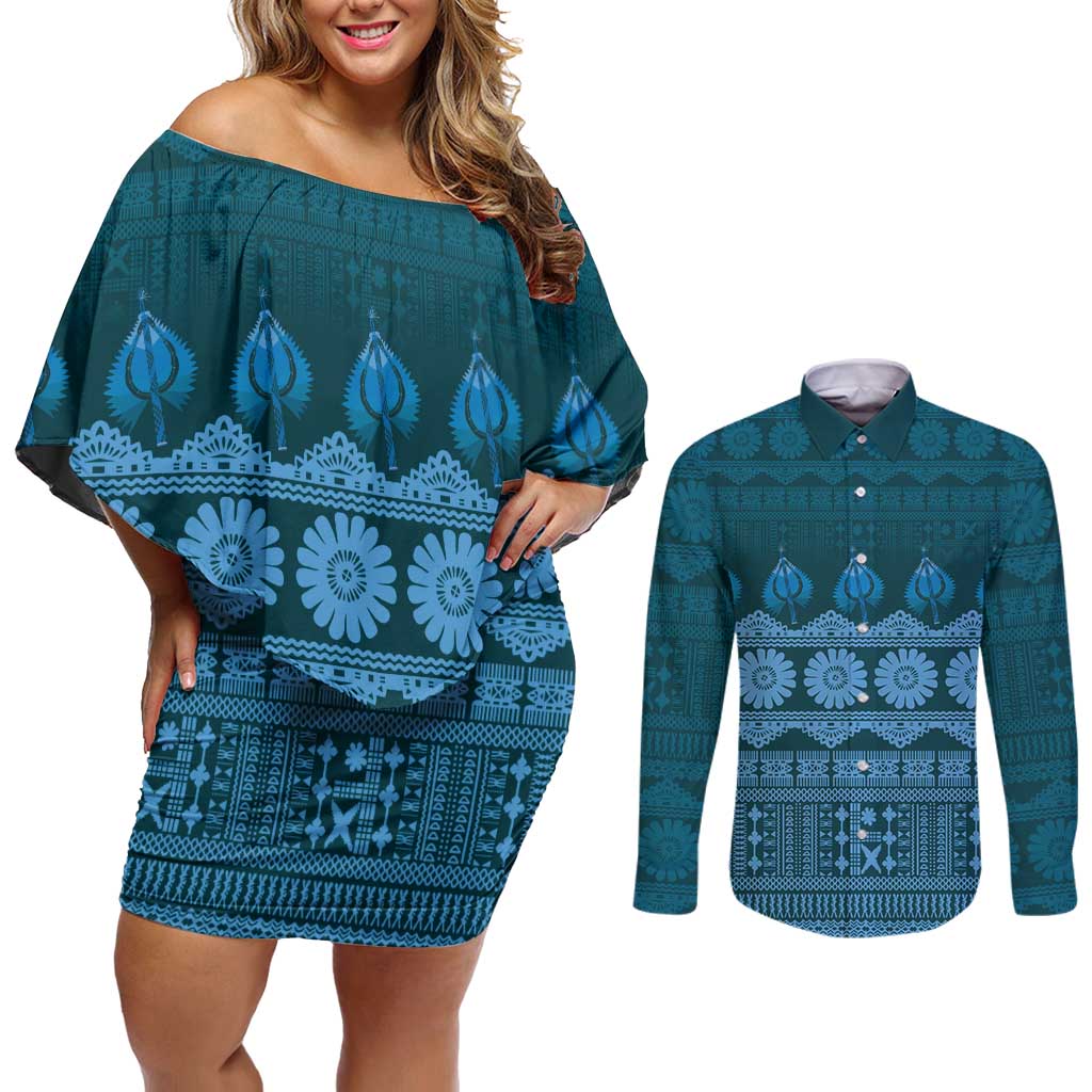 Bula Fiji Iri ni Meke Couples Matching Off Shoulder Short Dress and Long Sleeve Button Shirt Karakarawa Fijian Masi - Polynesian Pride