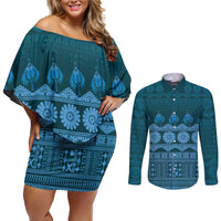 Bula Fiji Iri ni Meke Couples Matching Off Shoulder Short Dress and Long Sleeve Button Shirt Karakarawa Fijian Masi LT14 Blue - Polynesian Pride