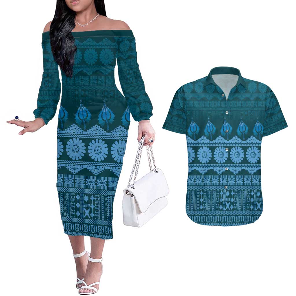 Bula Fiji Iri ni Meke Couples Matching Off The Shoulder Long Sleeve Dress and Hawaiian Shirt Karakarawa Fijian Masi LT14 Blue - Polynesian Pride