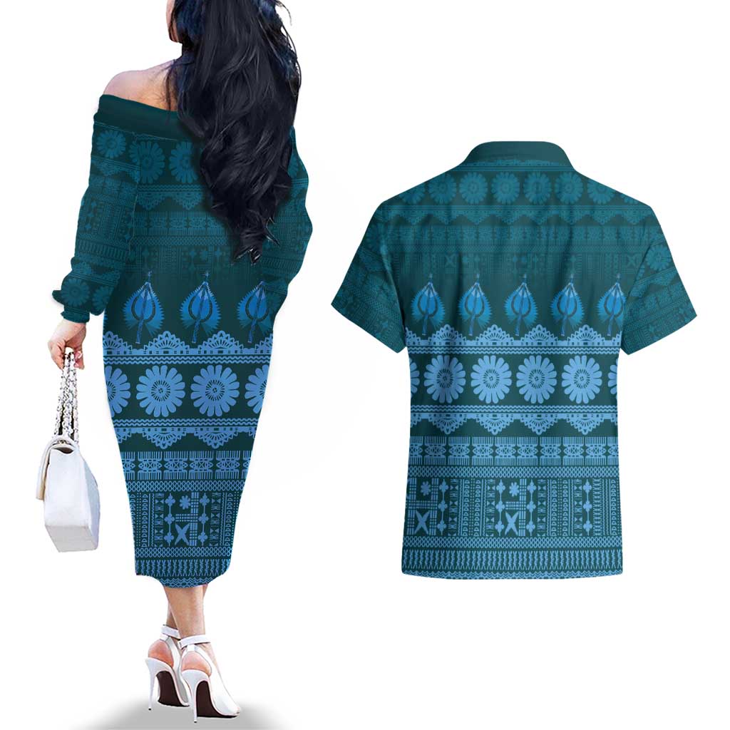 Bula Fiji Iri ni Meke Couples Matching Off The Shoulder Long Sleeve Dress and Hawaiian Shirt Karakarawa Fijian Masi LT14 - Polynesian Pride